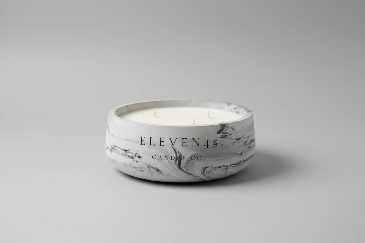 Eleven45 marble-pattern 32 oz refillable concrete candle bowl by Eleven45 Candle Co.