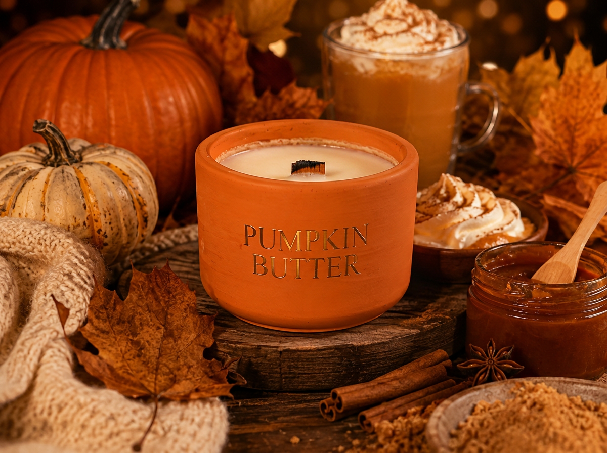 Pumpkin Butter refillable concrete candle with unlit wooden wick, styled with pumpkins, fall leaves, and a latte