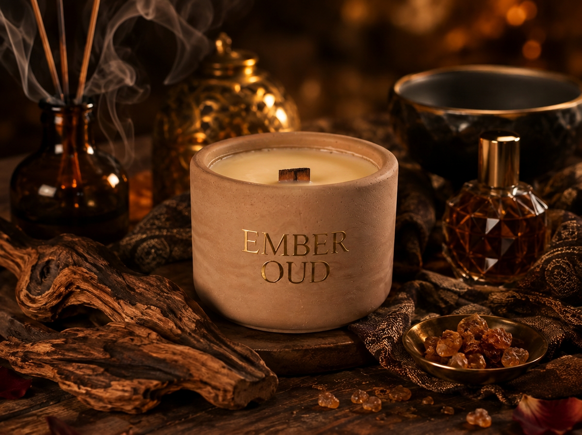 Amber Oud fall candle in a deep brown refillable concrete vessel with an unlit wooden wick