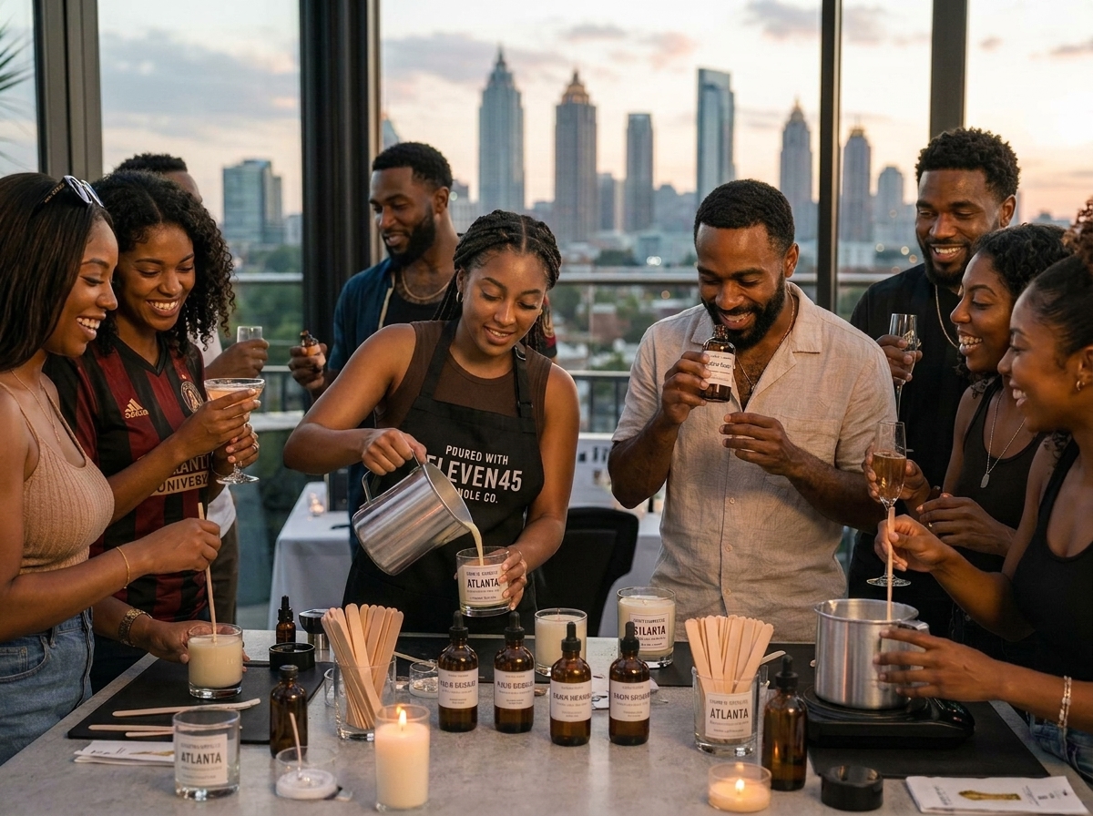 Group hand-pouring candles together at a rooftop in Atlanta with the skyline behind them