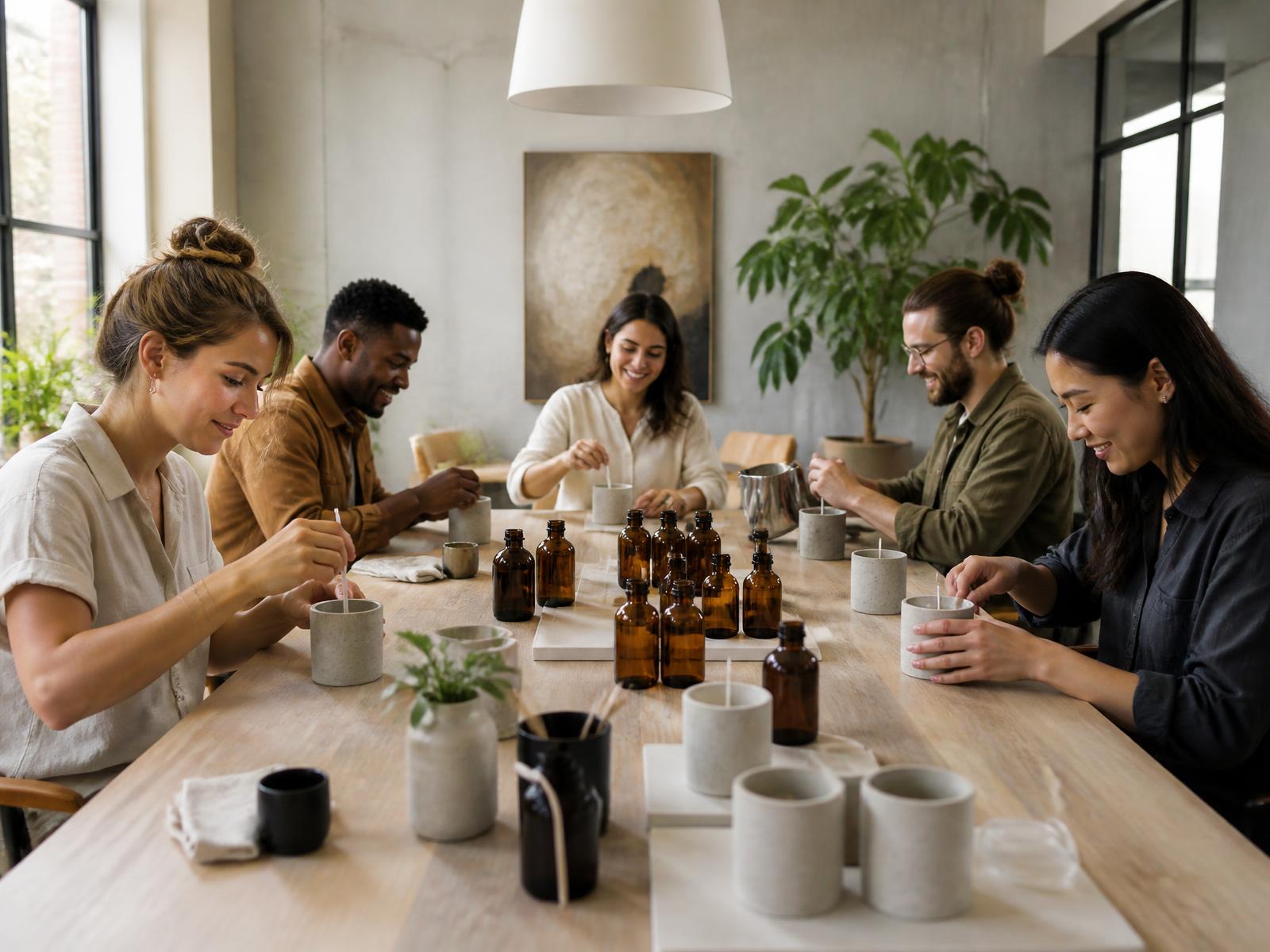 Employees making candles together during an Eleven45 corporate team building experience in an Atlanta office