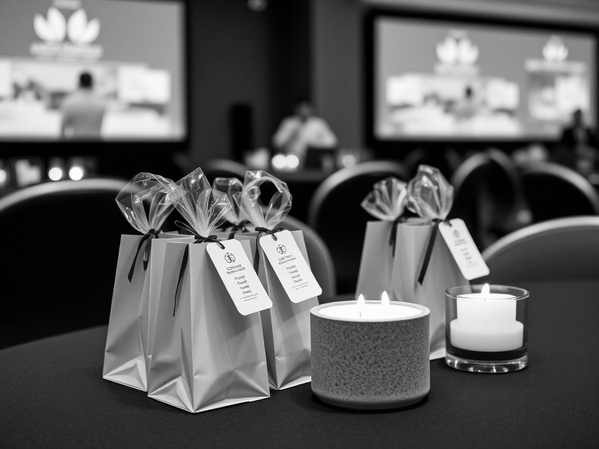 Branded Eleven45 candle favors on a conference welcome table in Atlanta